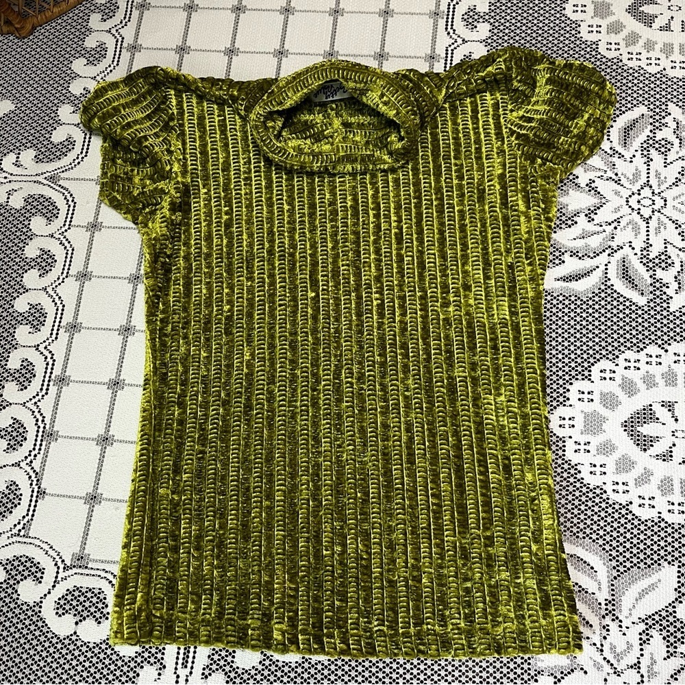 VINTAGE Betty Blue Green Crushed Velvet Ribbed Turtle Neck Top size medium - Picture 3 of 6